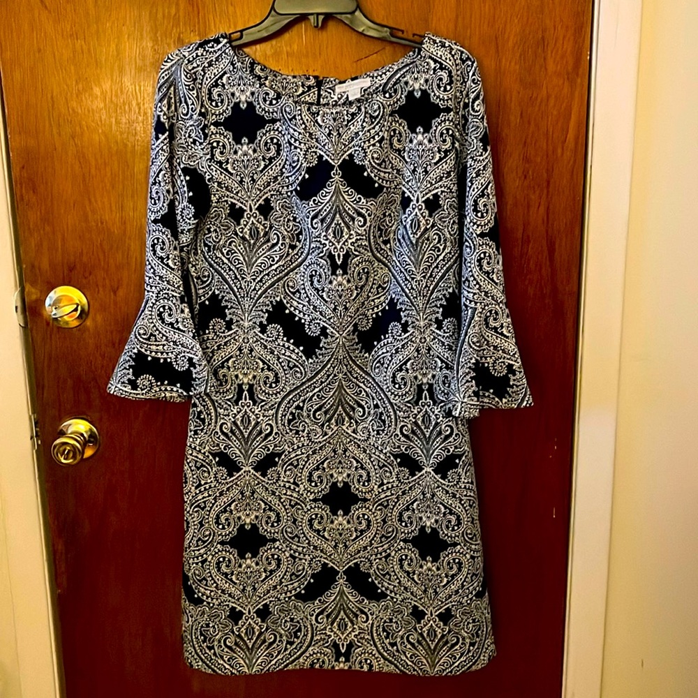 Navy and White Bell Sleeve Dress by New York & Company